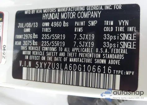 2013 Hyundai Santa Fe Sport 2.0T из США, поврежденный, VIN 5XYZU3LA6DG106616